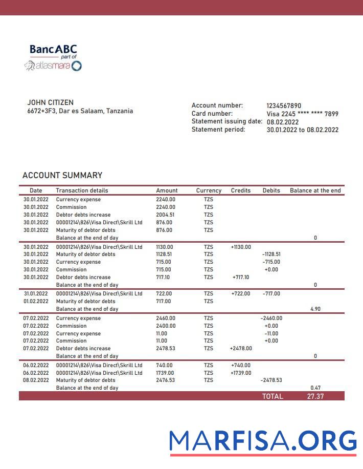Blank Tanzania BancABC bank statement word example